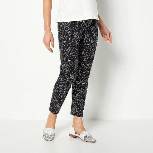 NWT Isaac Mizrahi Live! 24/7 Stretch Ankle-Length Foil Pants Sz 0 Black Pull On - Picture 1 of 8